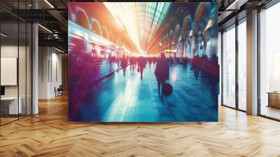 motion blur of walking people in busy train station modern urban life concept illustration Wall mural