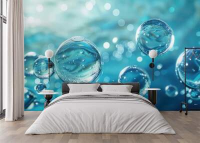 mysterious abstract glass molecules floating in blue liquid clean energy and environment concept illustration Wall mural