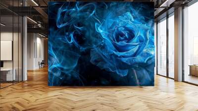 mysterious blue rose with swirling blue smoke mist and fog on black background surreal digital art Wall mural