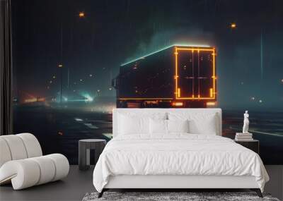 mysterious glowing truck on dark highway at night cinematic aigenerated illustration Wall mural