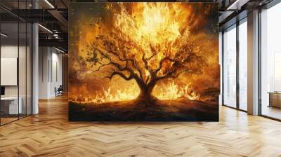 mystical burning bush flames engulfing branches without consuming religious concept art Wall mural