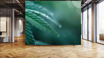 mystical cannabis leaf macro iridescent trichomes deep green hues ethereal lighting dreamy bokeh background Wall mural