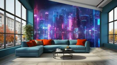 neon metropolis futuristic night city panorama Wall mural