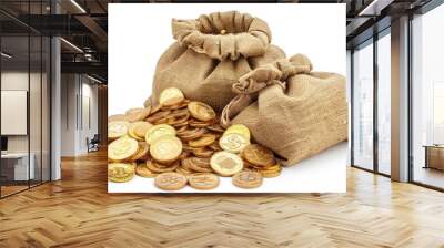 pile of shiny golden coins in bags isolated on white background wealth and treasure concept Wall mural