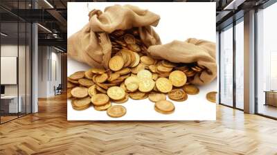 pile of shiny golden coins in bags isolated on white background wealth and treasure concept Wall mural