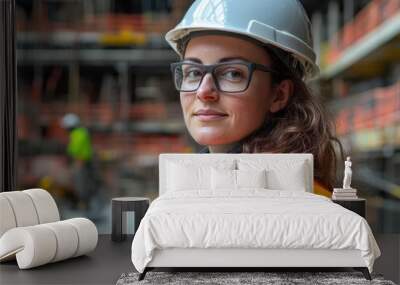 portrait of a confident female engineer at a bustling construction site, adorned with a hard hat and high visibility vest, demonstrating strength and professionalism in her field Wall mural