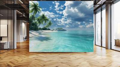 pristine tropical beach crystalclear turquoise waters powdery white sand lush palm trees dramatic cloud formations hyperrealistic digital rendering with perfect lighting Wall mural