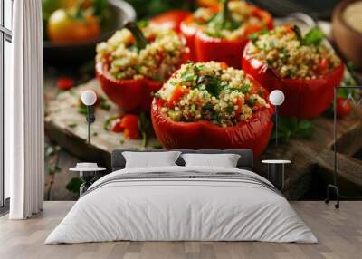 quinoa stuffed peppers on wooden board healthy homemade meal closeup Wall mural