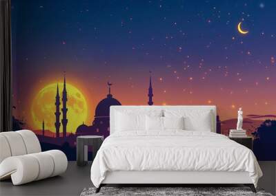 ramadan nights silhouette of a muslim mosque and moon in the night sky festive vector illustration Wall mural