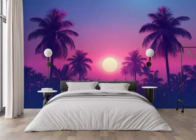 retrostyle neon illustration of tropical background with palm trees and sun at sunset or dawn digital art Wall mural