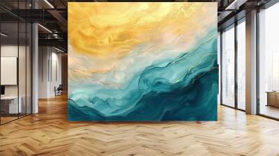 romantic gold sky and teal ocean waves abstract seascape painting with copy space Wall mural