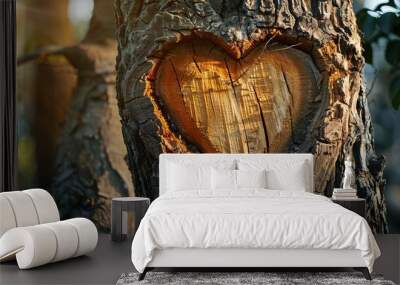 romantic natural heart carved in tree trunk love symbol in tranquil forest valentines day concept Wall mural