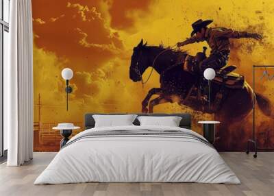 rugged cowboy riding bucking bronco in dusty rodeo arena gritty western scene generative ai illustration Wall mural