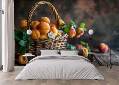 rustic wooden table with ripe apricots fresh summer fruit harvest in wicker basket closeup food photography Wall mural