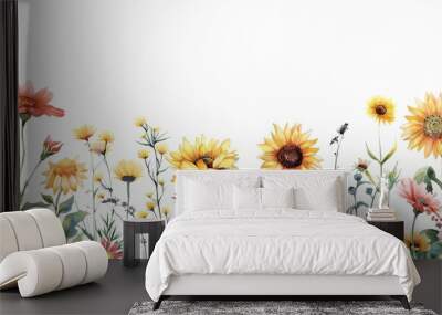 Seamless Watercolor Floral Border with Daisies and Sunflowers, Summer Wildflowers Wall mural