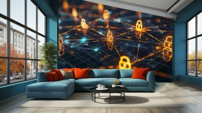 secure global network with glowing connections and padlocks cybersecurity concept digital art Wall mural