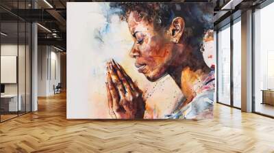 serene african american woman praying with clasped hands hopeful watercolor portrait Wall mural