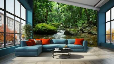 serene forest stream winding through mossy rocks lush jungle setting isolated on white Wall mural