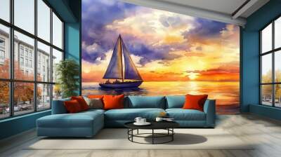 serene paddle boat sailing along tranquil seashore at sunset watercolor painting Wall mural