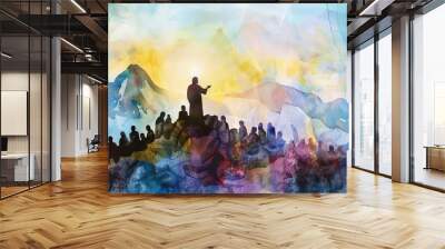 sermon on the mount watercolor silhouette of jesus preaching to crowd from mountaintop Wall mural