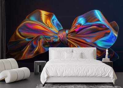 shimmering holographic ribbon forming an elegant bow casting prismatic reflections the bow appears to float in a void its iridescent surface constantly shifting with mesmerizing colors Wall mural