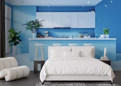 sleek modern blue kitchen with white walls and minimalist furniture interior 3d rendering Wall mural