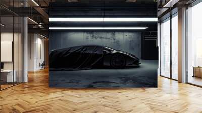 sleek sports car hidden under black fabric in dark garage for dramatic reveal digital art Wall mural