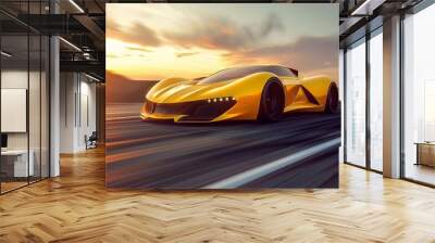 sleek yellow sports car speeding on asphalt road at sunset automotive concept illustration Wall mural