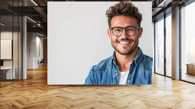 smiling denimclad man with trendy haircut and glasses casual studio portrait white background photogenic attractive male model digital photography Wall mural