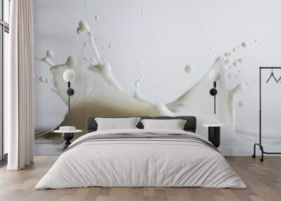 splash of white milk creating dynamic waves with droplets, isolated on a white background, emphasizing motion and freshness in a clean, minimalist style Wall mural