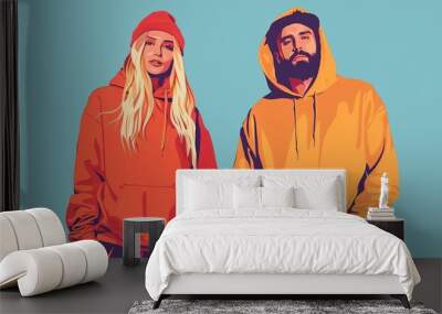 streetwear models in autumn hoodies young blonde woman and bearded man blank clothing mockup fashion design illustration Wall mural