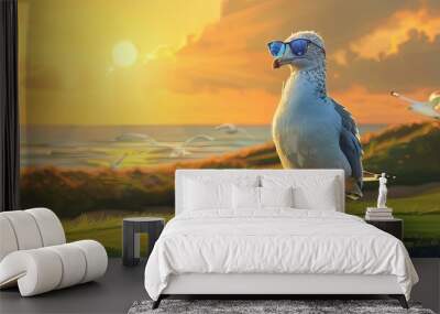 stylish seagull sporting shades on golf green at dusk digital painting Wall mural