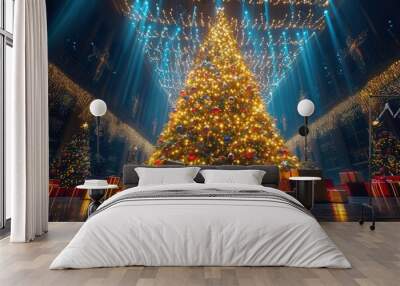 towering christmas tree ablaze with thousands of twinkling lights mountain of beautifully wrapped presents at its base centerpiece of grand festive celebration Wall mural