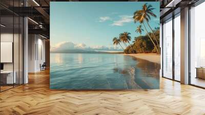 tranquil paradise beach with palm trees and calm ocean at golden hour panoramic landscape banner Wall mural