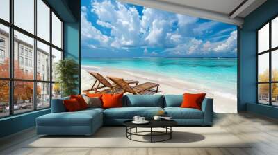 tranquil tropical beach with two chairs white sand and turquoise ocean maldives paradise Wall mural