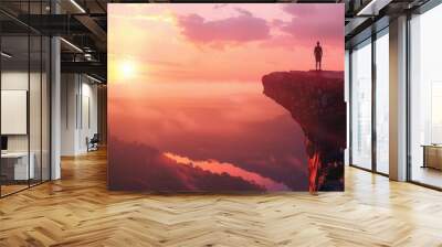 traveler gazing at scenic sunrise landscape from cliff symbolizing adventure and wanderlust Wall mural