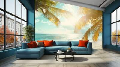 tropical paradise getaway sunkissed beach with swaying palms dreamy summer vacation scene soft focus photography Wall mural