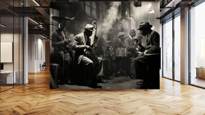 Underground jazz club in 1940s Harlem, saxophone notes filling the smokey air. Wall mural