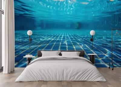 underwater view of blue tiled swimming pool floor clear water background Wall mural