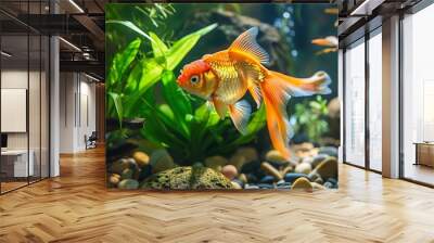 vibrant goldfish swimming in lush aquarium with green plants and stones highresolution photo Wall mural