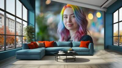 vibrant portrait of a confident young woman with rainbowcolored hair in a sleek modern office bold contrasts urban chic empowered pose Wall mural