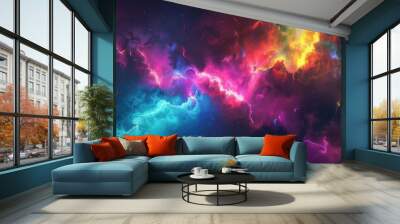 vibrant rainbow nebula with dramatic lightning in deep space abstract cosmic background digital art Wall mural