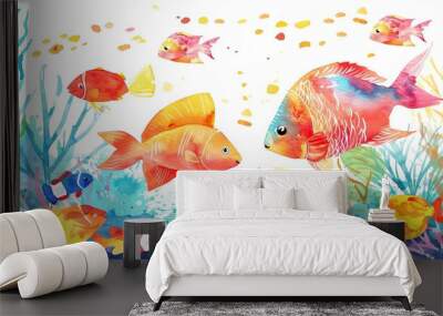 vibrant watercolor banner with colorful tropical fish underwater sea life illustration vector art Wall mural