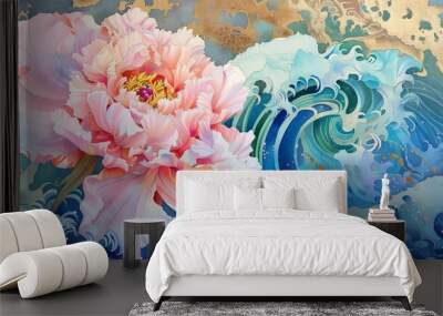 vibrant watercolor painting of enchanting peony blossom on oriental wave background Wall mural