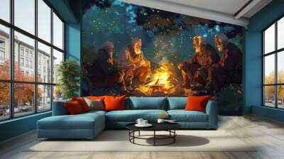 wise elderly figures sharing stories around campfire heartwarming digital painting Wall mural