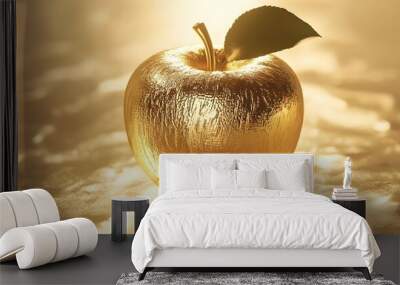 3D rendering of a shiny golden apple with reflective surface image Wall mural