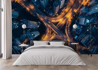 Aerial city view at night with countless lights picture Wall mural