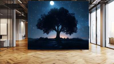 Artistic 3D rendering of tree silhouette framed by glowing nebula Wall mural