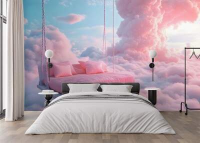 Dreamy pink bed and swing amidst fluffy clouds picture Wall mural