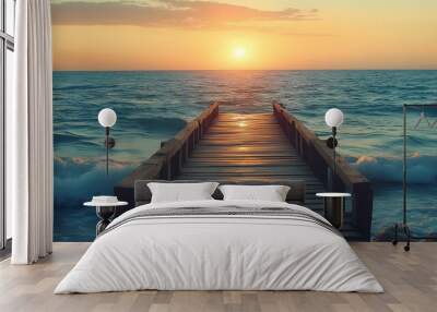 Peaceful beach sunset featuring small wooden bridge image Wall mural